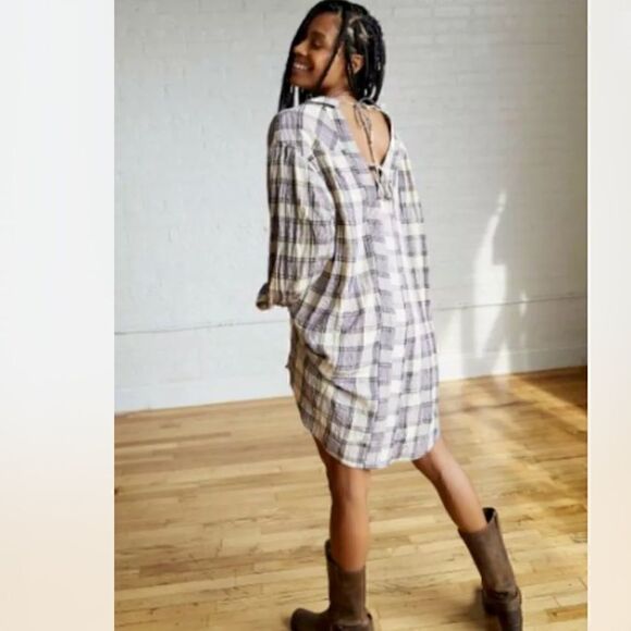 Free People Tunic Wild Side Plaid Tie Back Slouchy Size XS - Picture 1 of 8